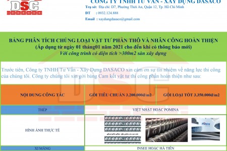 BẢNG GIÁ THI CÔNG PHẦN THÔ